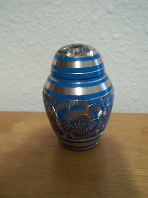 Lovely Blue & Gold Engraved Brass Keepsake Mini Urn~Token~Ashes