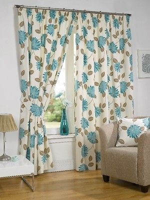 SUPERB SUMMER SUNSHINE TEAL CREAM FLORAL PENCIL PLEAT CURTAINS 90 X 90