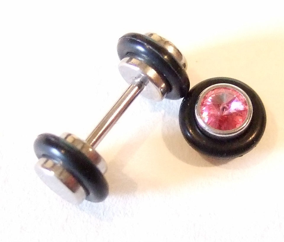 PINK GEM STEEL 4mm FAKE FLESH PLUG EAR TUNNEL TAPER STRETCHER