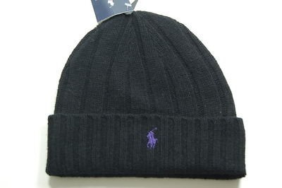   LAUREN BLACK LAMBS WOOL PURPLE LOGO BEANIE HAT CAP MENS UNISEX BNWT