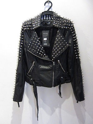 New Womens Punk Spike Studded Shoulder PU Leather Jacket Zipper coat 