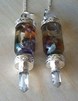 BOTTLE DOWSING PENDULUMS WITH FLOATING CHAKRA STONES   UNIQUE