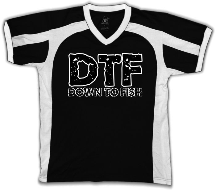 DTF Down To Fish Joke Fishing Hook Rod Reel Jersey Shore Mens V Neck 