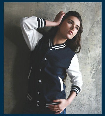 Womens Cotton Letterman Baseball Varsity Jacket Navy S size