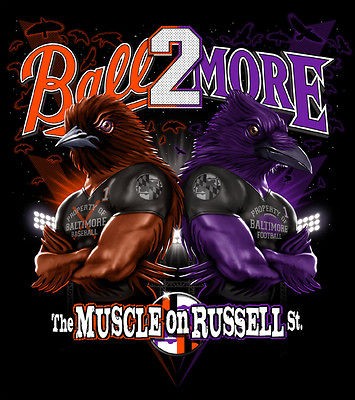 THE MUSCLE ON RUSSELL ST ORIOLES RAVENS BALL2MORE T Shirt SIZE MEDIUM 