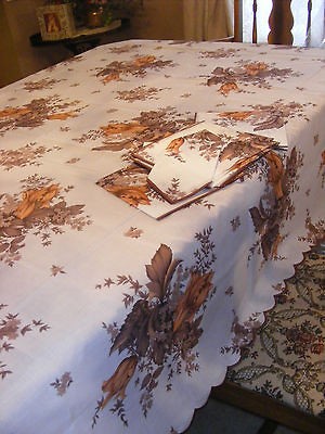 TABLECLOTH FROM ITALY   64 X 96  w/12 CLOTH NAPKINS FLORAL BROWN 