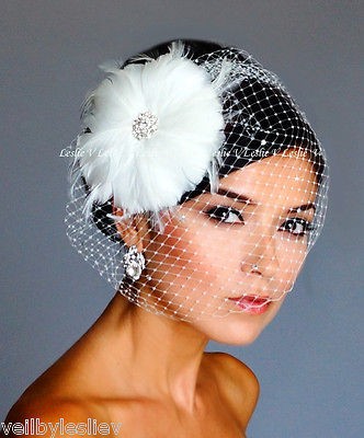   NEW Feather Fascinator & Rhinestone Birdcage Veil Headpiece 27 1