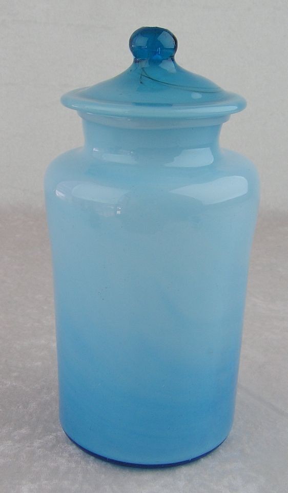   Milky Aqua Turquoise Blue Blown Glass Apothecary Jar Canister W/Lid