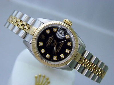 LADIES ROLEX 2TONE 14K GOLD/STEEL DATEJUST DATE WATCH w/BLACK DIAMOND 