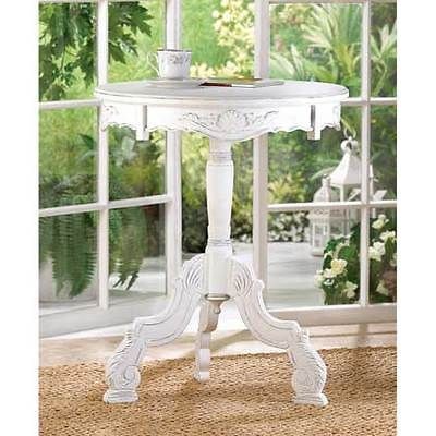 Round Wood Pedestal Accent End Table in Distressed White New Free Ship 