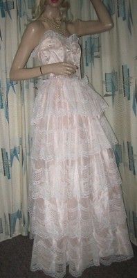 80s Vtg Zum Zum Pink Ruffle Fantasy Prom Party Crinoline Lace 