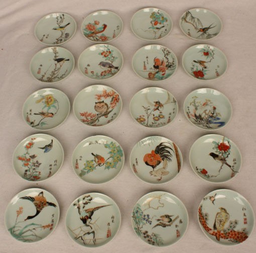   20 KAKEIMON IMARI OLD HAND ENAMEL SAUCE DISHES BIRDS DATED 1816