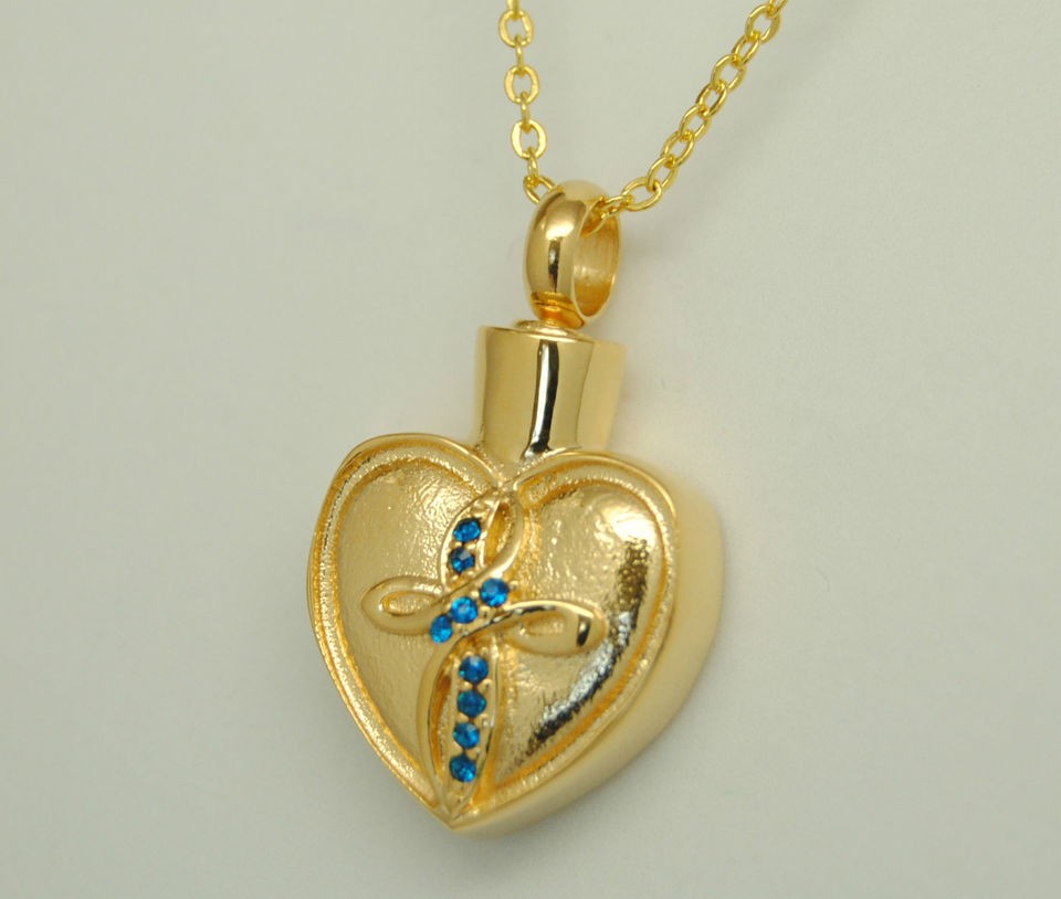 HEART CREMATION URN NECKLACE GOLD HEART URN SAPPHIRE BLUE CZ CROSS URN