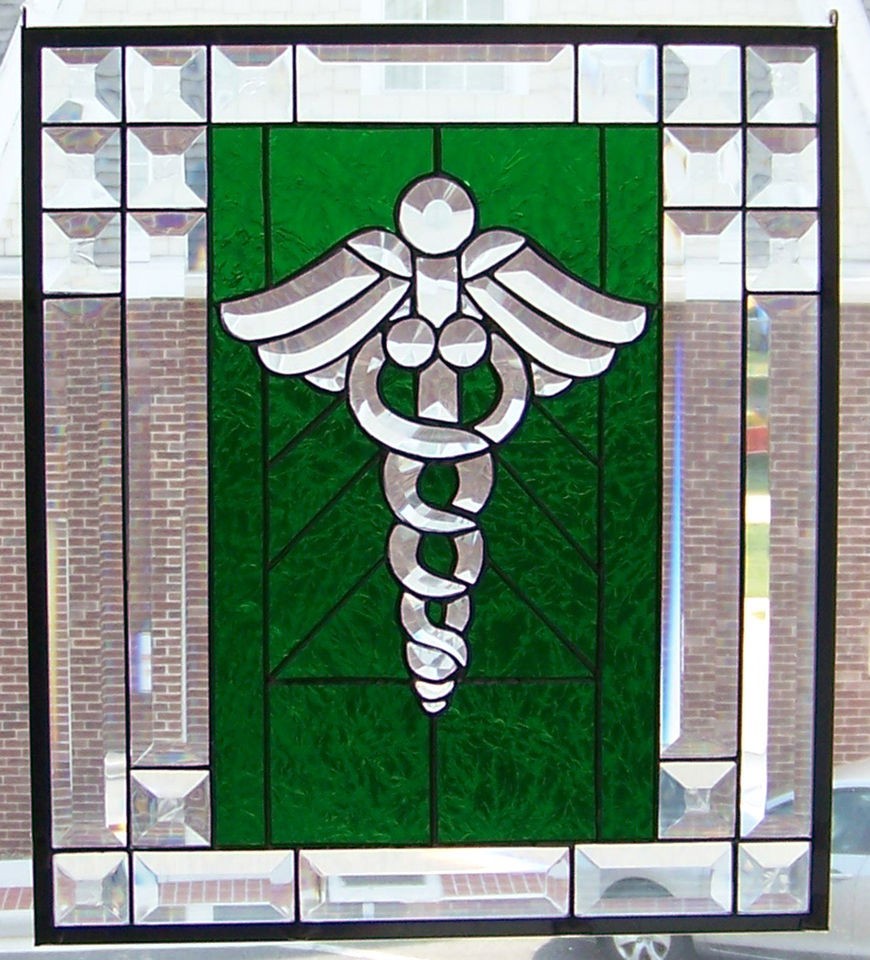Caduceus Stained Glass Panel Window Beveled Glass and Green Gluechip on ...