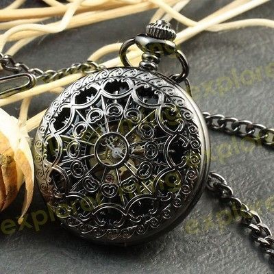 Steampunk Black engraved spiderweb Men Mechanical Pocket Watch Hand 