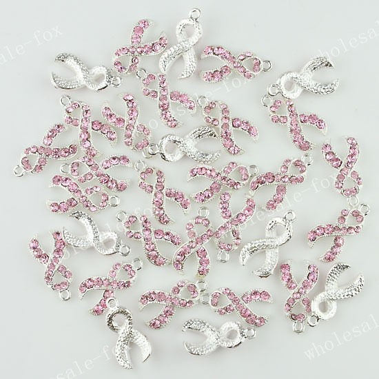   PINK CRYSTAL RIBBON BREAST CANCER AWARENESS CHARM SILVER PENDANT BEAD
