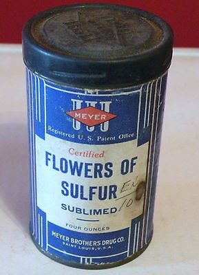   MEYER BROS DRUG CO. CERTIFIED FLOWERS OF SULFUR SUBLIMES 4 OZ. TIN