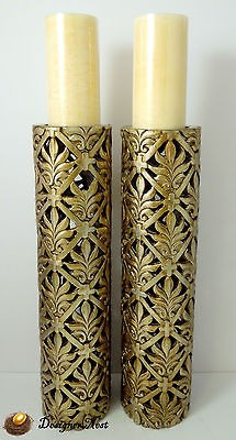 CARVED CYLINDER WOODEN FLOOR PILLAR CANDLE HOLDER   DISTRESSED GOLD 19 