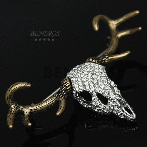   Horn Silver ANTLER SKULL Brooch Vintage Animal Pin w Swarovski Crystal