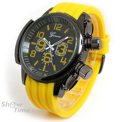 YELLOW GUN Geneva Round Heavy Case Hard Rubber Oversized Sport Mens 