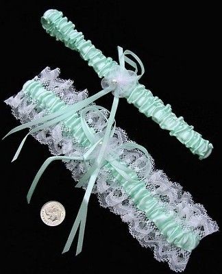 NEW GARTER BELT Set in WHITE & MINT GREEN w/ Lace ~ ONE SIZE ~ GREAT 