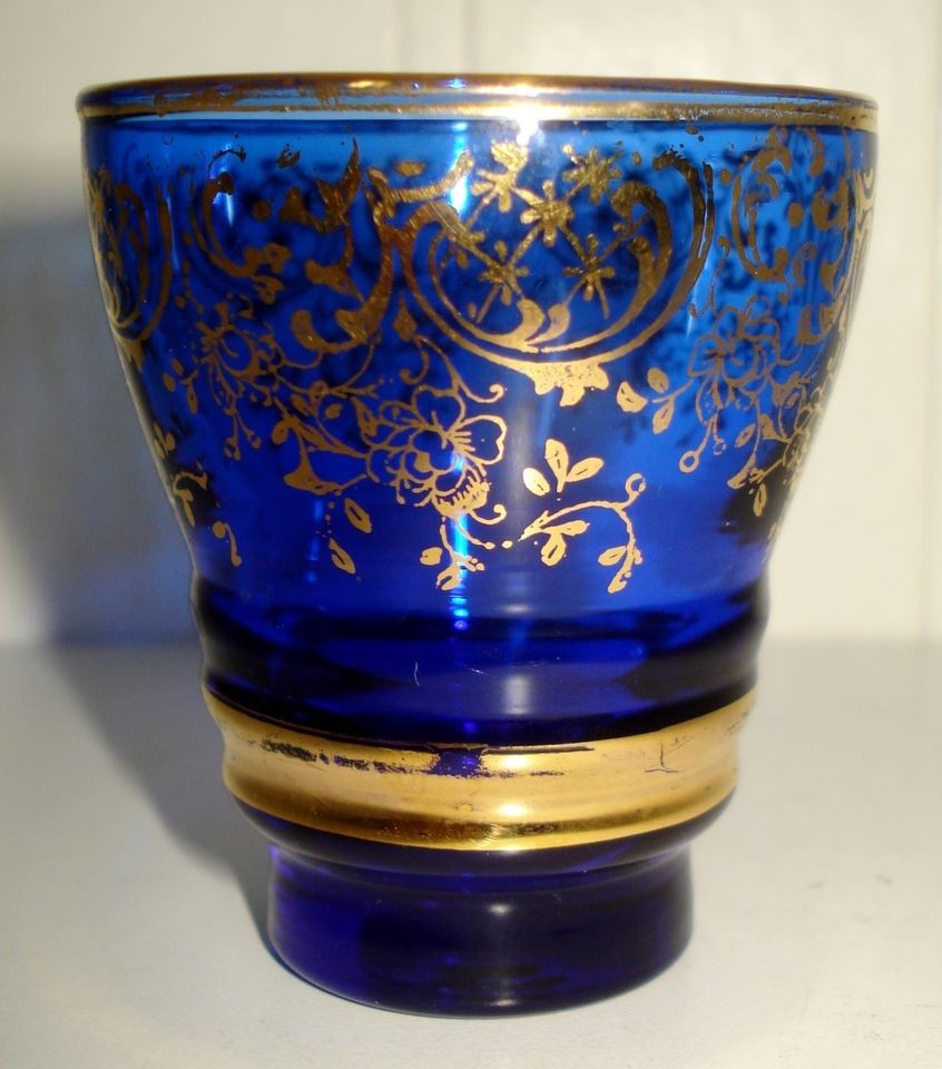 VINTAGE GOLD OVERLAY COBALT BLUE TOOTHPICK HOLDER BEAUTIFUL PATTERN NR