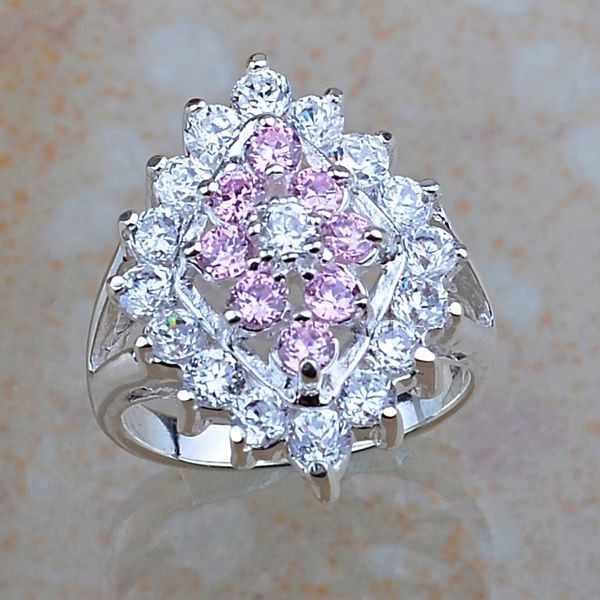 A405 SIZE 7.5 REAL 925 STERLING SOLID SILVER PINK AND WHITE TOPAZ RING