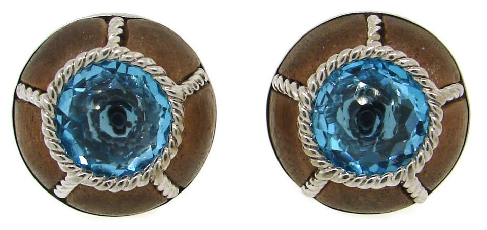   SEAMAN SCHEPPS BLUE TOPAZ, WOOD & WHITE GOLD CLIP ON EARRINGS, c.1980s