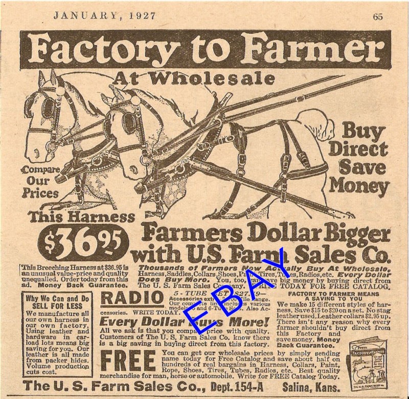 1927 U. S. FARM BREECHING TEAM HARNESS AD SALINA KS