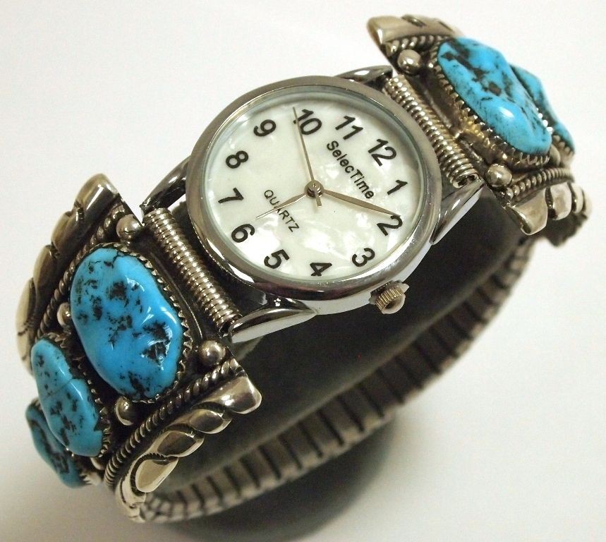 Zuni Sleeping Beauty Turquoise Sterling Mens Watch   Robert & Bernice 