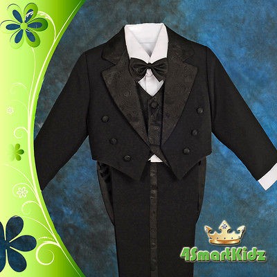 Black 5pc Formal Tuxedo Tail Suit Wedding Page boy Christening Baby Sz 