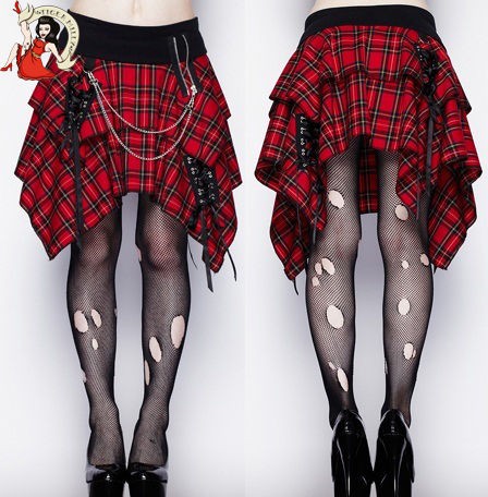 HELL BUNNY UNEVEN OLLY goth punk MINI London TARTAN SKIRT RED 8 16