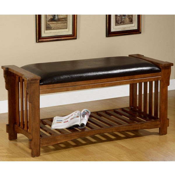 Classic Leather Uphols​tered Antique Oak Wood Bench