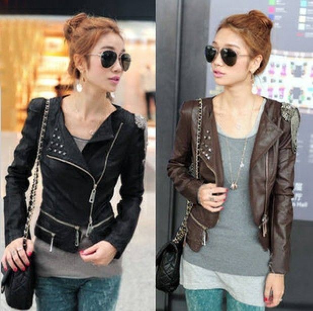 Women faux leather jacket epaulet bomber slim top boho metal coat 