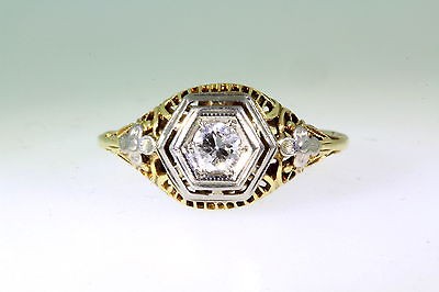 Antique 1920s .25ct VS F Old Euro 18k Gold Filigree Ring Orange 