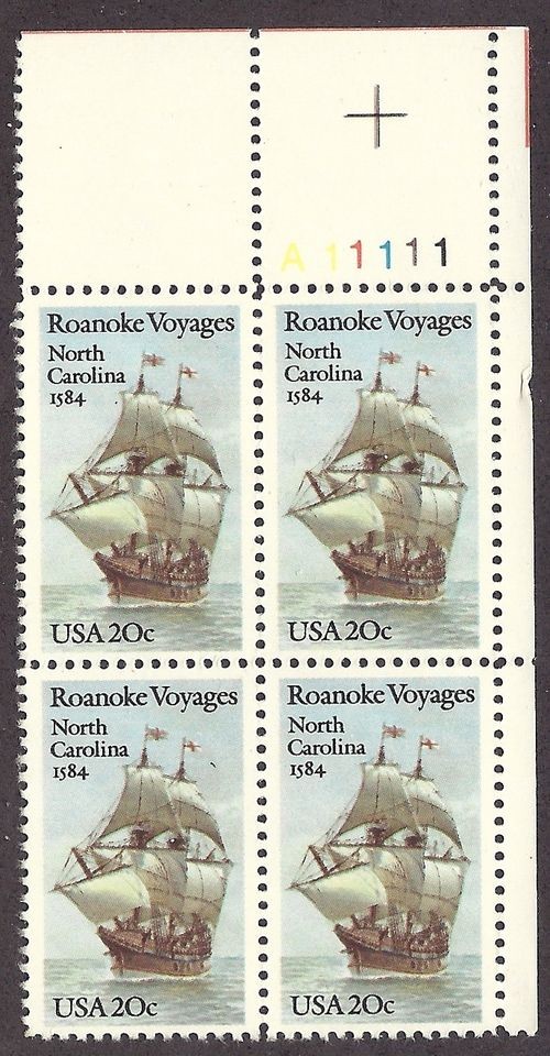   block 20cent Roanoke Voyages North Carolina NC Walter Raleigh Dare