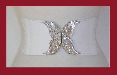 WHITE CRYSTAL BUCKLE ANGEL WINGS WIDE CINCH GOTH BELT