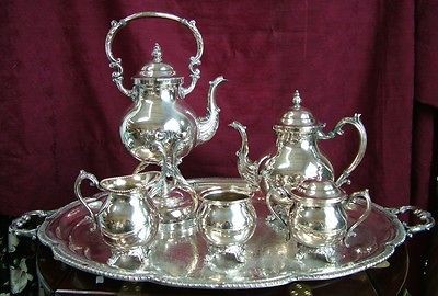 ROGERS SILVER CO Silverplate 6 Piece Tea Set including Water Pot w 