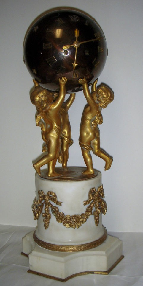   FRENCH GILT CHERUB CELESTIAL GLOBE FIGURAL CLOCK JAPY FRERES WORKING