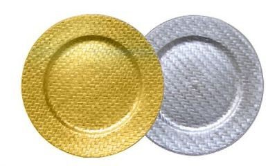 SET OF 4 ROUND CHARGER PLATES, 13 INCH, GOLD & SILVER, 4 TRENDY 