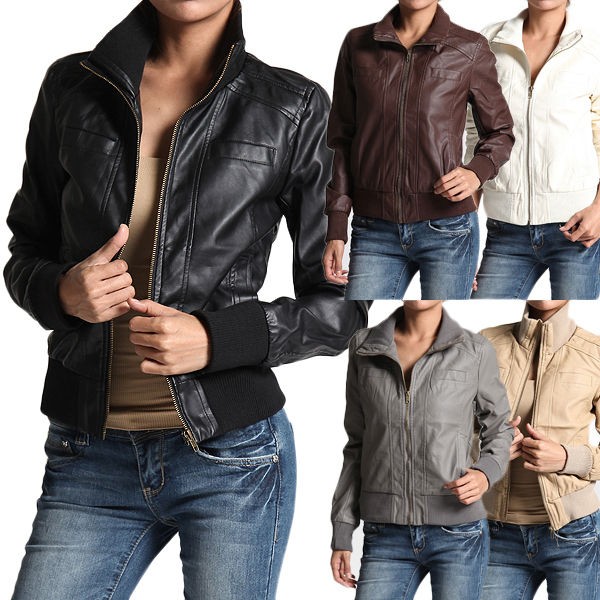 MOGAN Chic PU Faux LEATHER Biker JACKET Long Sleeve Zip Up Bomber 