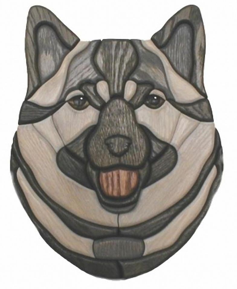 NORWEGIAN ELKHOUND ~ INTARSIA WOOD CARVING~OAK WALL DECOR ~ APPROX 10 