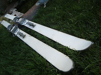 Vtg / Antique old wooden SWISS Telemark SKIS Swiss Military cabin 