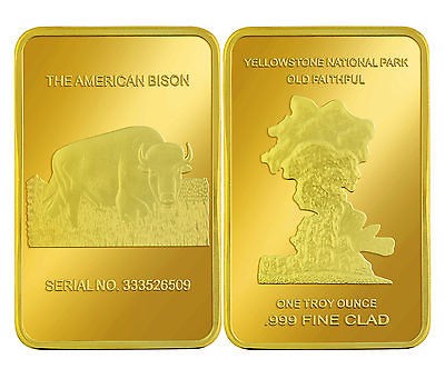 5x YELLOWSTONE OLD FAITHFUL BUFFALO ART BAR .999 24k FINE GOLD CLAD 