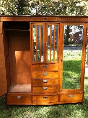 Antique European Oak Wardrobe w/ Double Mirrored Closet Doors