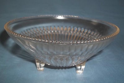 Vtg Clear Glass Diamond Line Pattern Footed Candy Bowl Dish w/ Gold 