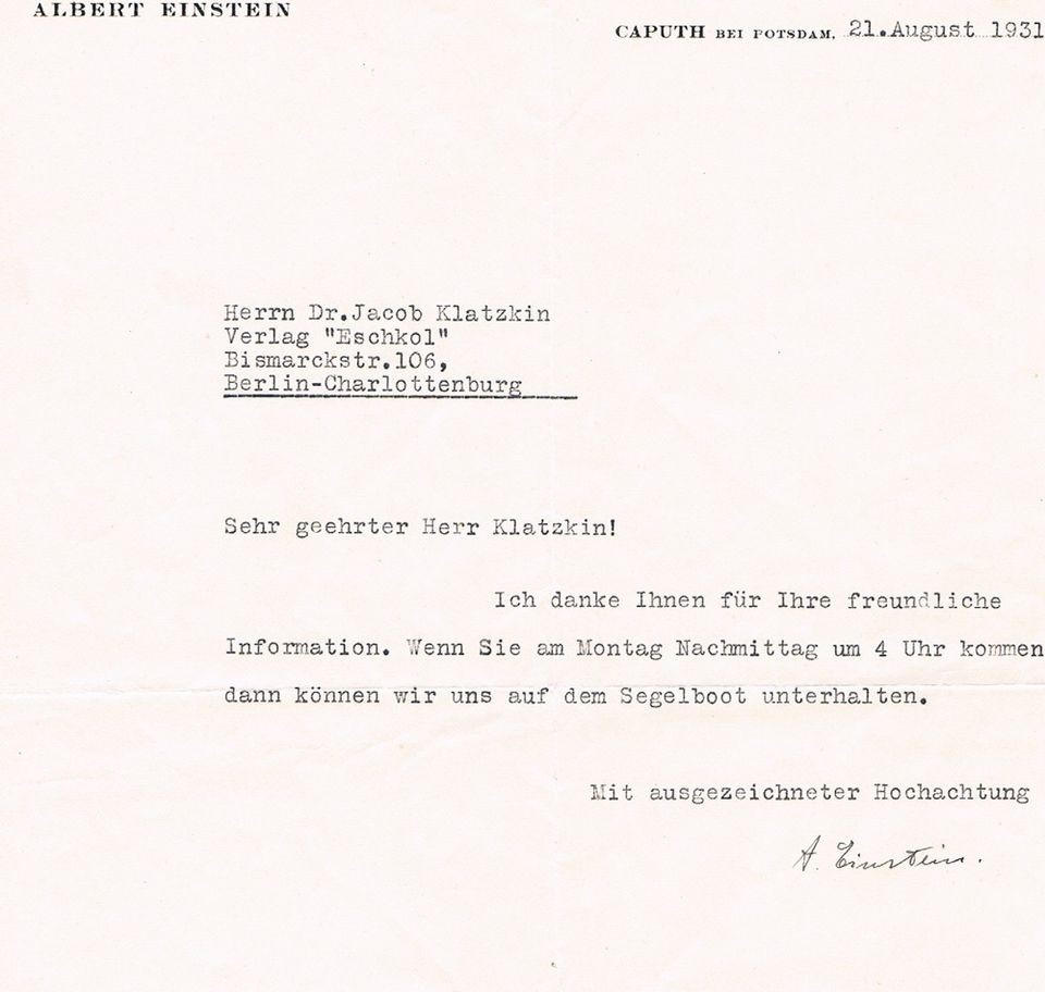 ALBERT EINSTEIN   Typed letter, 21st August 1931, on his personal 