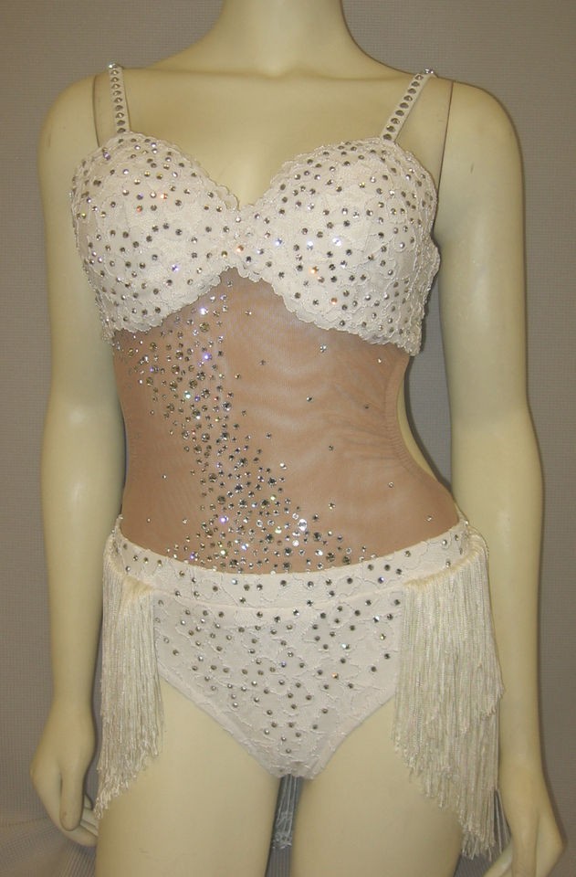 LYRICAL LATIN WHITE LACE+FRINGE+ STONES DANCE COSTUME  Size M