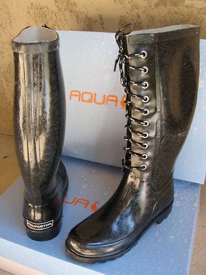 59.99 NEW Aqua Stop GRACE Ladies BLACK Lace up Rubber Rain Boot 6 M 