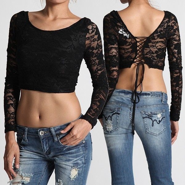 MOGAN String Back LACE LONG SLEEVE TOP Sexy Sheer Floral Cropped 